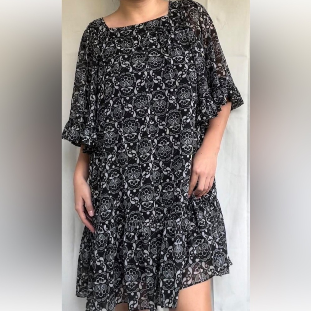 Boho Chic Ana Sui Black and Gray Floral Chiffon Women's Dress, Dark Whimsical